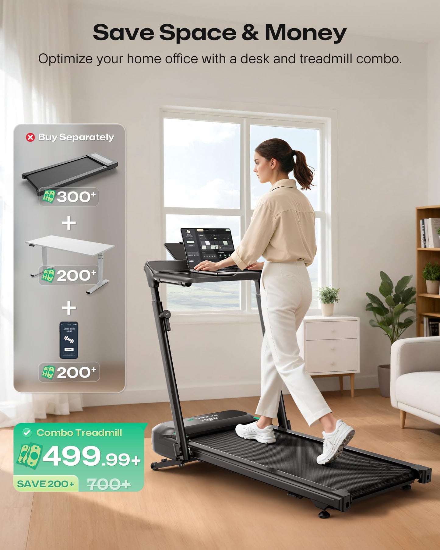 UREVO Foldimix 5L 9% Auto Incline Foldable Treadmill, with Height-Adjustable Desk, 3.0HP Ultra-Quiet Brushless Motor, 400lb Capacity Workstation