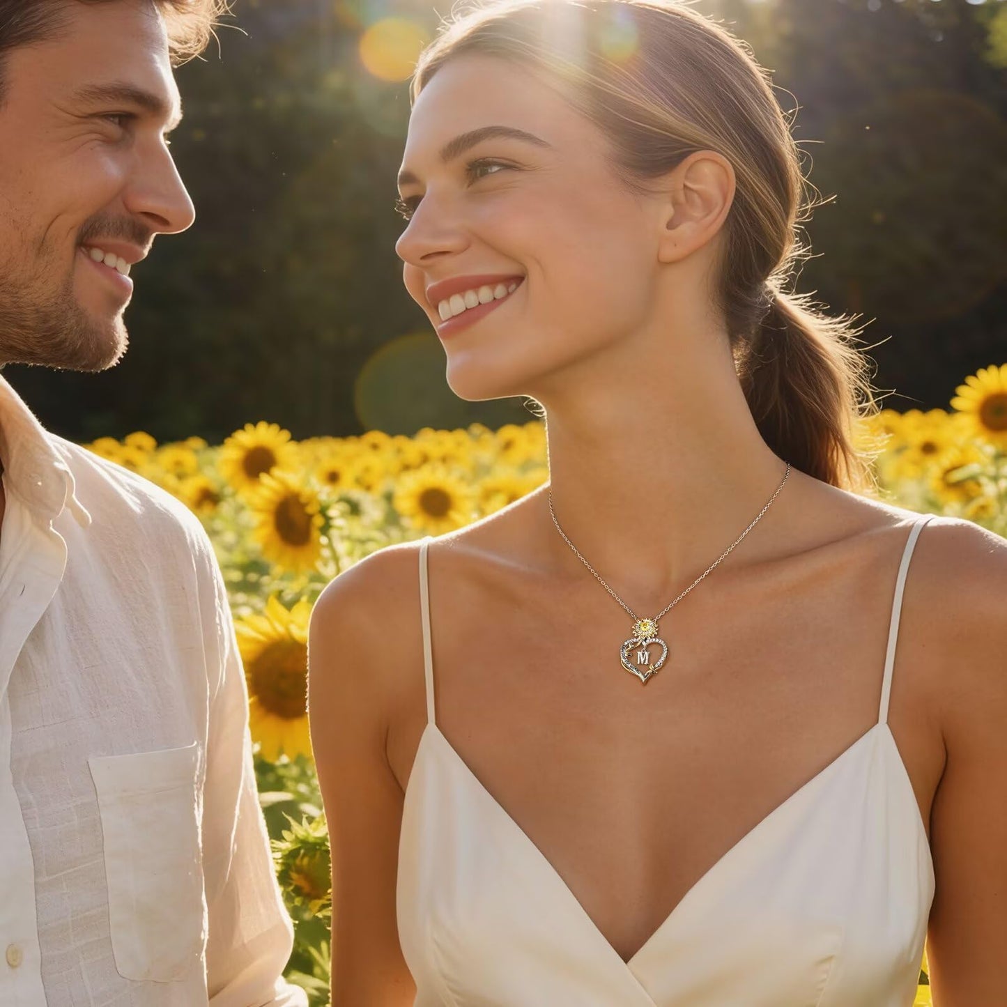 MONOOC Sunflower Gifts for Women - 14K-White-Gold-Plated Sunflower Initial Necklaces for Woman Heart Initial Letter F Necklace, Anniversary Birthday Gifts for Women Wife Mom Jewelry Gift