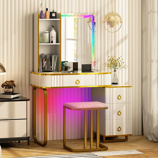 CHARMAID RBG Vanity Desk with Lights and Mirror, 7 Dynamic & 7 Static Modes, White Makeup Vanity Table with 3-Drawer Chest, 3 Shelves, Jewelry Storage Drawer, Girls Dressing Table with Stool