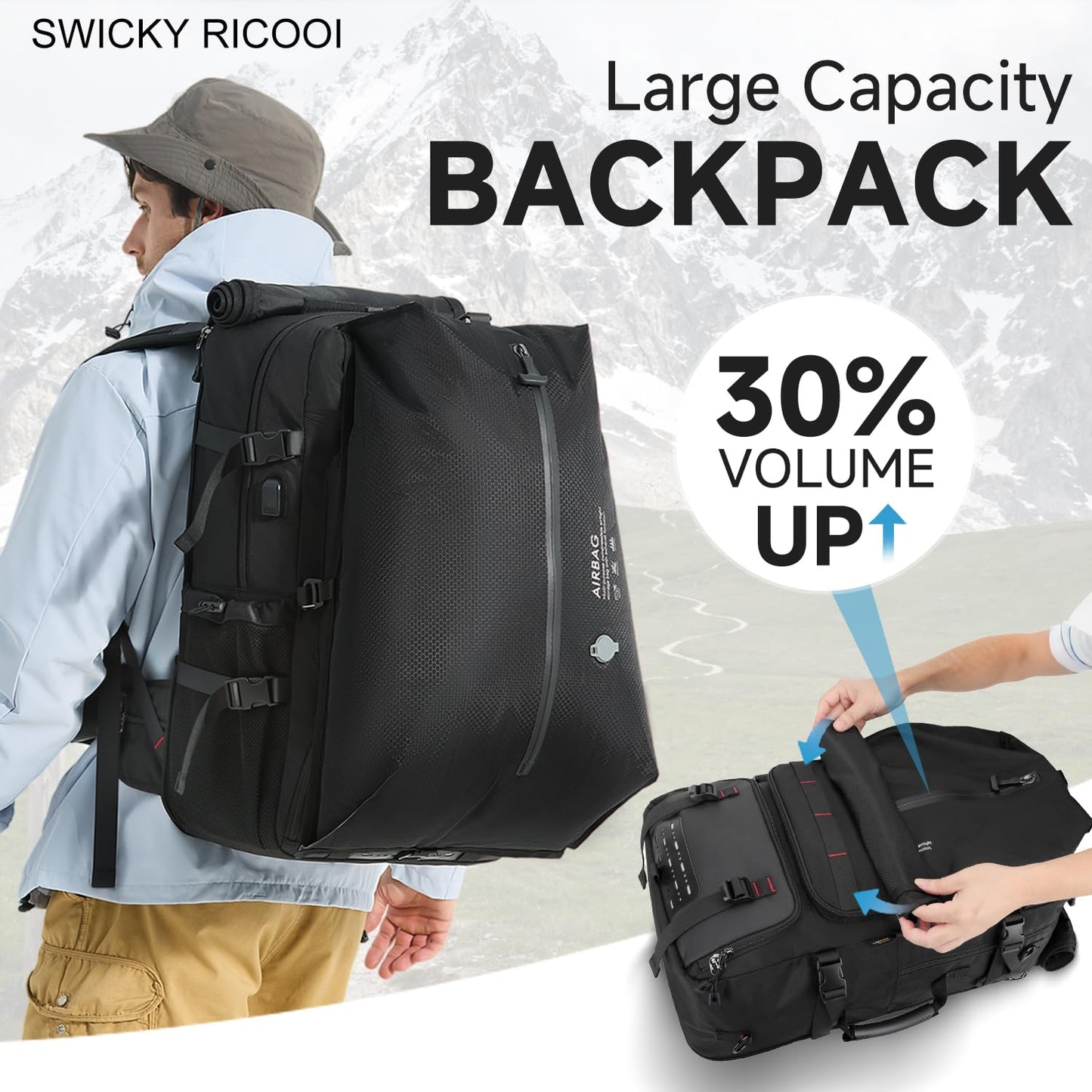 SWICKY Travel Backpack with Vacuum Air Bag, 60L Expandable Large Capacity Vacuum Seal Backpack for 17 Inch Laptop, Water Resistant,One Week Business Travel - Pressing by Hand