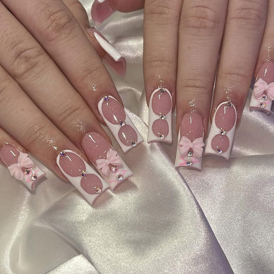 EYZOTSF Press on Nails Medium Square Shaped Acrylic Medium Square Shaped False Nails with Designs Artificial Short Coffin Fake Nails with Charms Glue ons Fingernails for Women Girls(A80408)