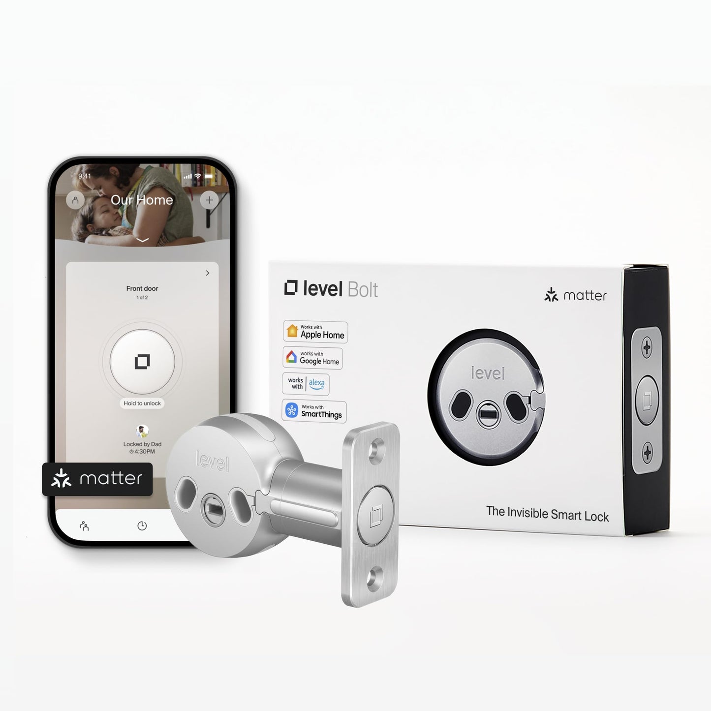 Level Bolt Smart Deadbolt - Make Your Lock Smart Without Changing Keys or Hardware - Matter-Over-Thread Plus Apple Home Key - Keyless & Remote Access via Apple, Alexa, Google Home, SmartThings
