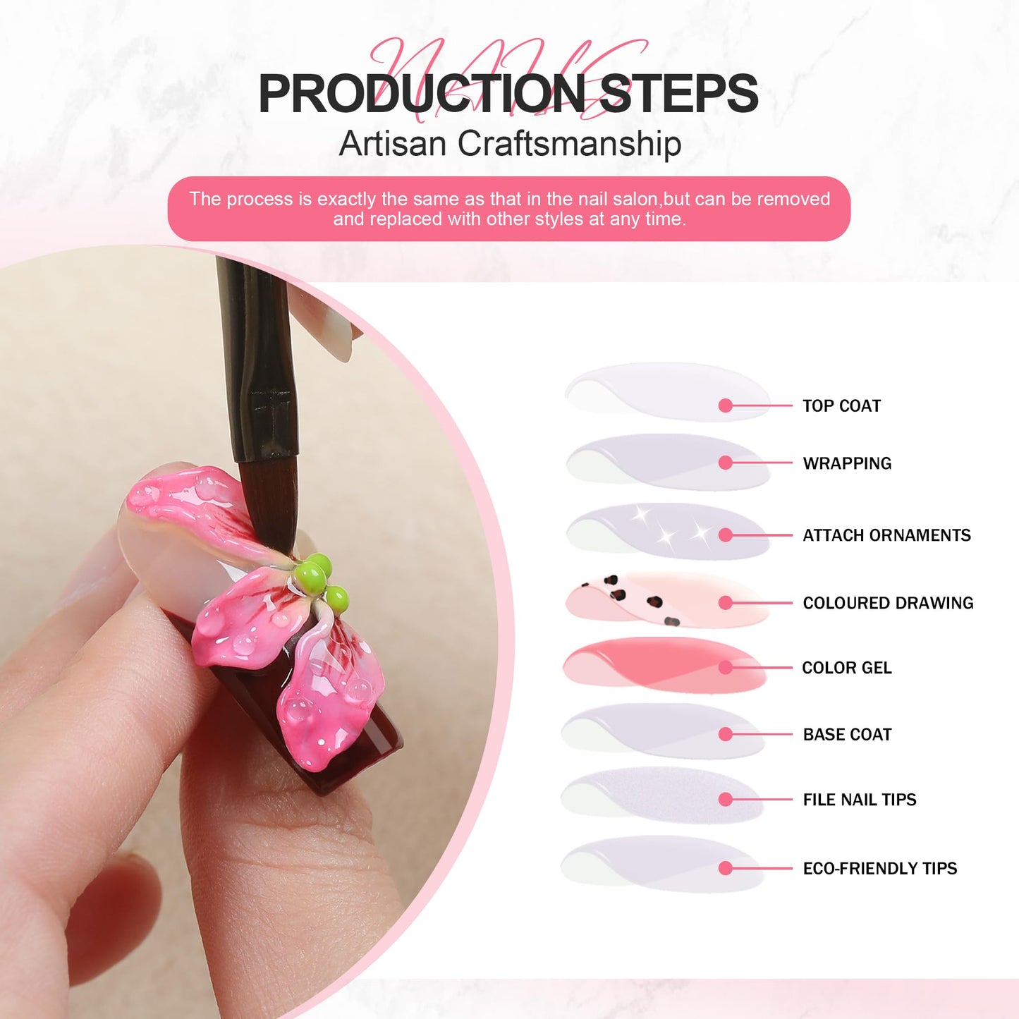 Homsera Handmade Press on Nails - Almond Stiletto Press on Nails with Flower Texture/Rhinestone/Metal Decor Reusable False Nails for Women