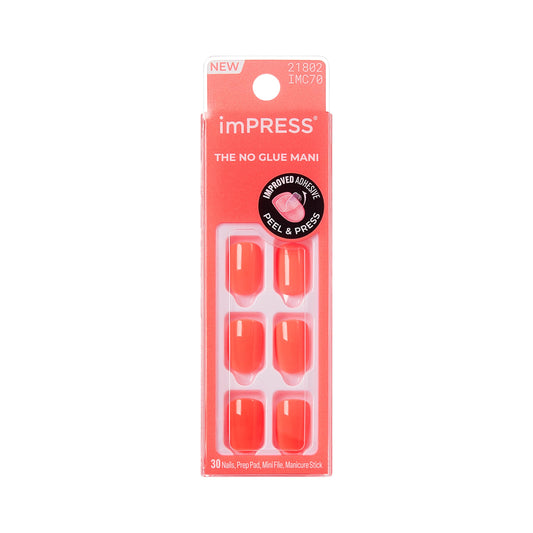 Kiss Impress No Glue Mani Press On Nails, Color, 'Happier Vibes', Orange, Short Size, Squoval Shape, Includes 30 Nails, Prep Pad, Instructions Sheet, 1 Manicure Stick, 1 Mini File