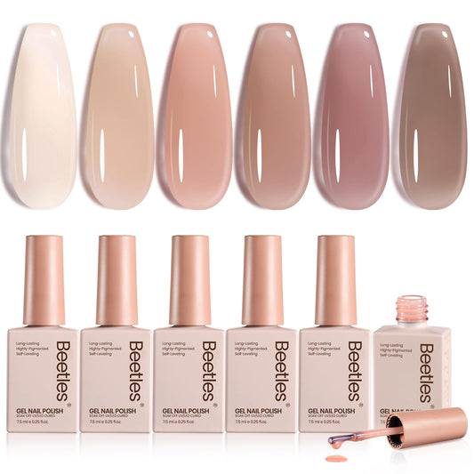 Beetles Nude Gel Nail Polish Set - 6 Colors Neutral Nude Jelly Gel Nail Polish Kit Sheer Transparent Effect Soak Off UV DIY Dusky Mocha French Nail Art Manicure Gifts for Women