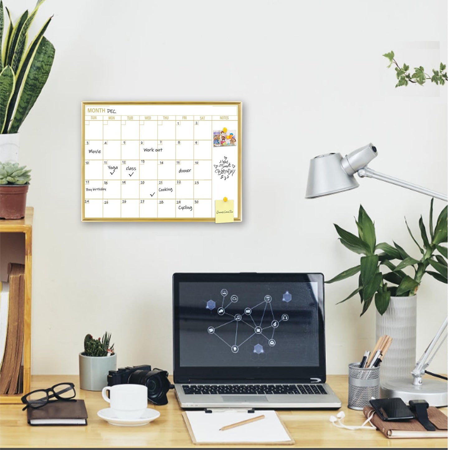 Marribol Golden Monthly Dry Erase Calendar Whiteboard for wall-16"X12" Portable Aluminum Frame,Magnetic Calendar White Board,Wall Planner Dry Erase Board for Office, Kitchen, School, Home-GG