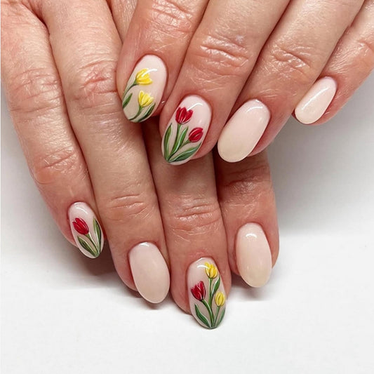 24pcs Flower Press on Nail Short Almond Fake Nails with Tulip designs Stick on Nail Full Cover Nude Press one Glossy Reusable Glue on Nails for Women Spring Summer False Nails