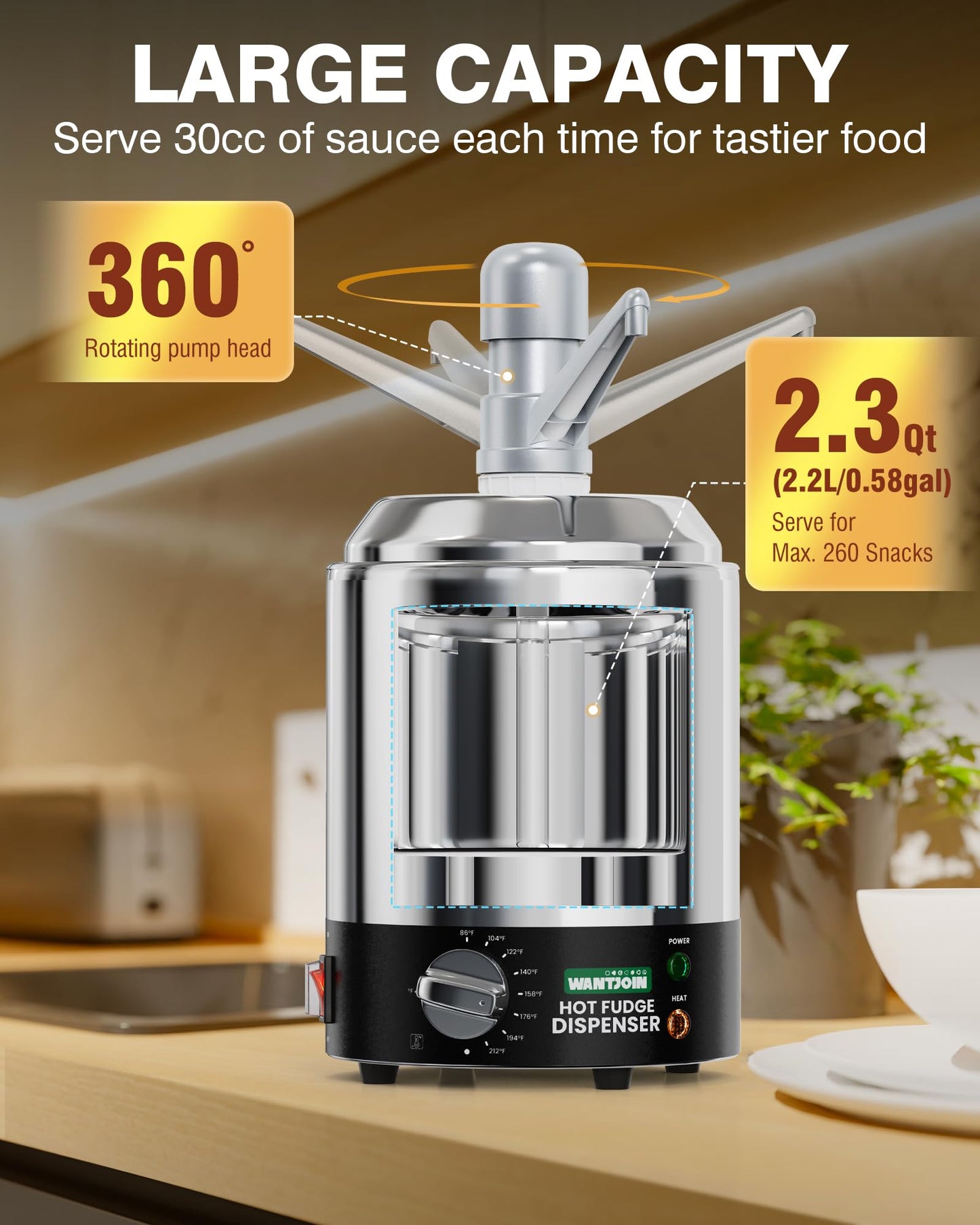 WantJoin Nacho Cheese Dispenser with Pump - 2.8QT Stainless Steel Warmer with 86-230°F Adjustable Temperature Control