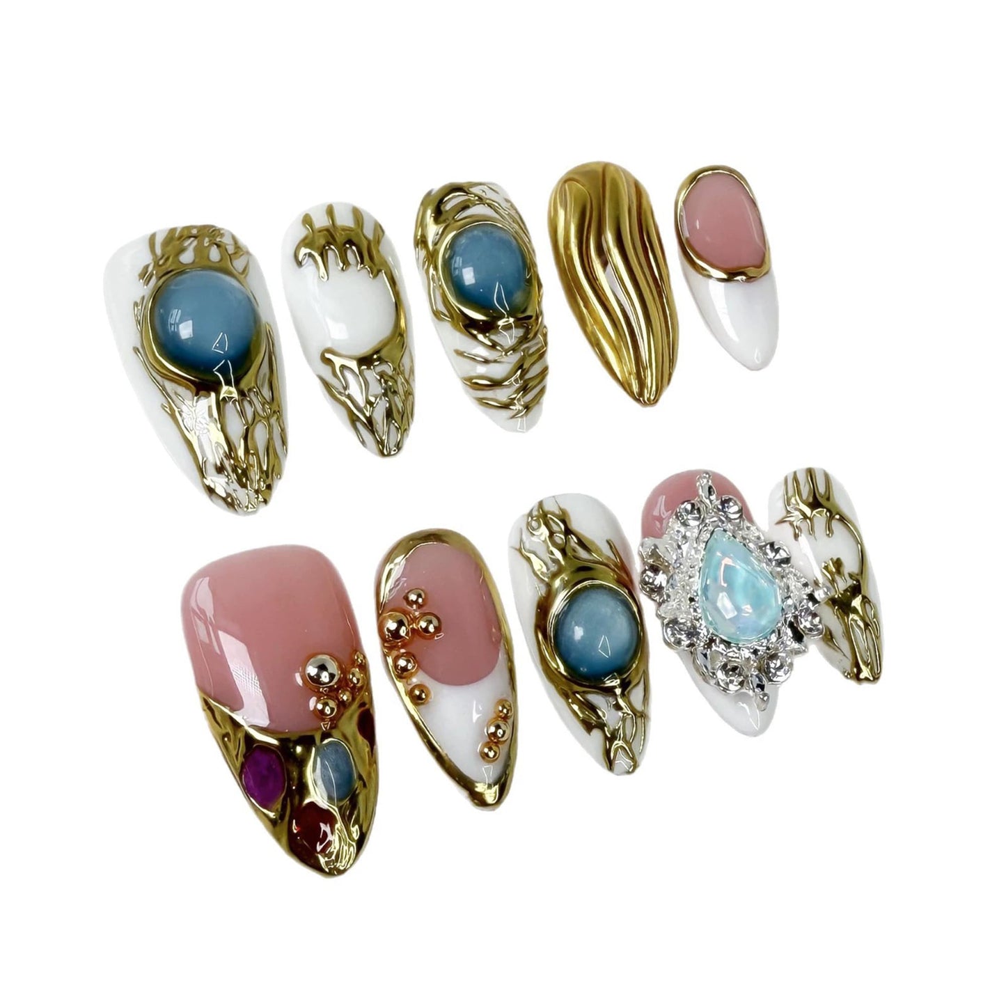 Handmade Almond Fake Nails White French Tip Press on Nails Short Gold Embossed False Nails with 3D Swirl and Charms Designs Short Acrylic Nails with Glue for Wome (Size M)