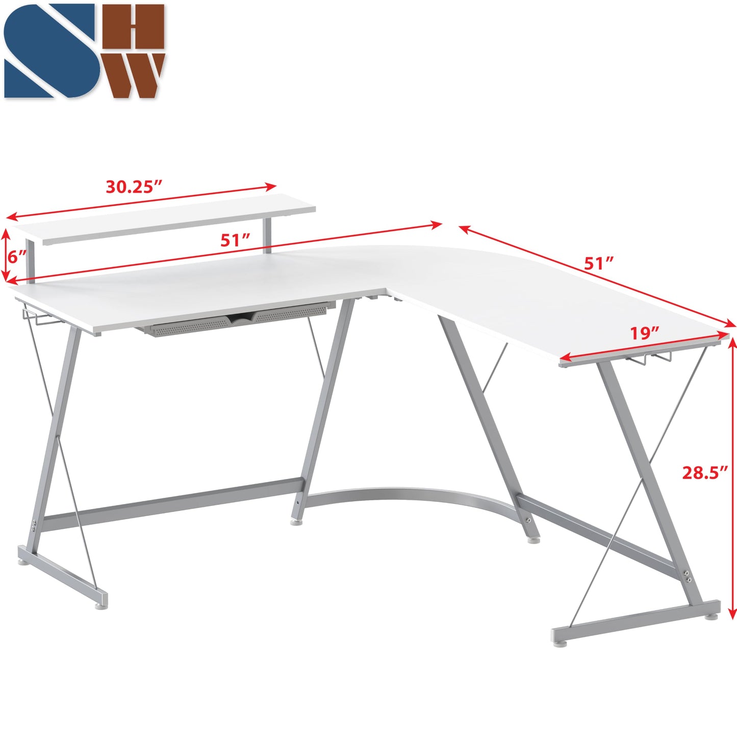 SHW 51 x 51 Inches Vista L-Shaped Desk with Monitor Stand and Drawer, White