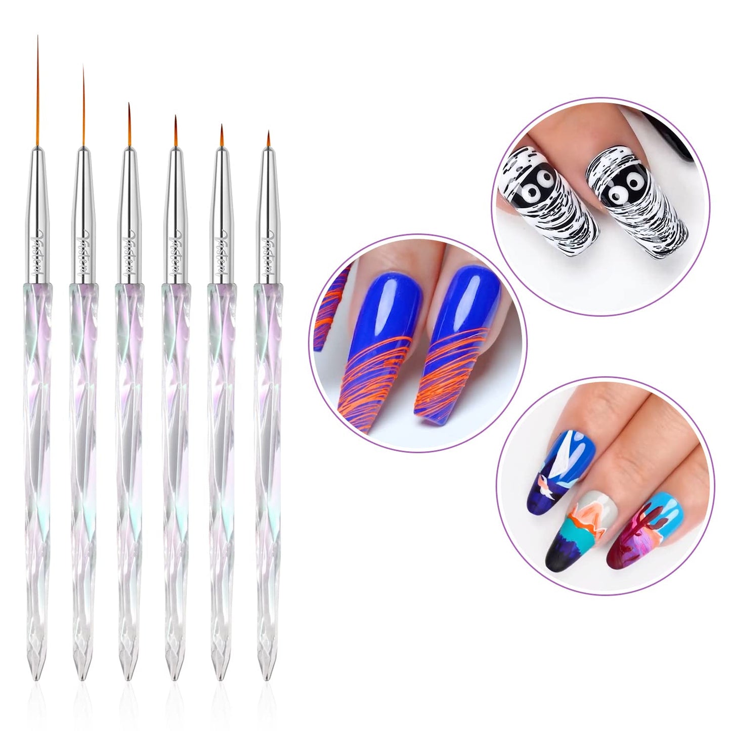 Yasterd Nail Art Liner Brushes, UV Nail Gel Polish Painting Nail Art Design Brush Pen Set for Long Lines, Short Strokes, Details, Blending, Elongated Lines Sizes 5/7/9/11/20/25mm Crystal Handle 6Pcs