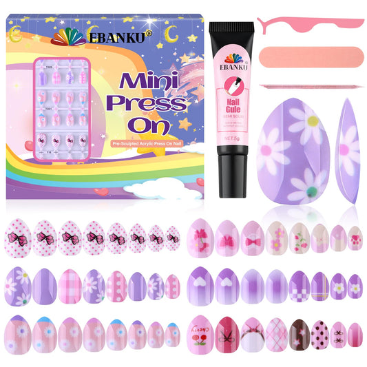 EBANKU 144 Pcs Press on Nail Kids, 6 Pack Mini Kid Flase Nails Kit with Nail Glue Set Fake Nail for Girls Nail DIY Salon Home Decor