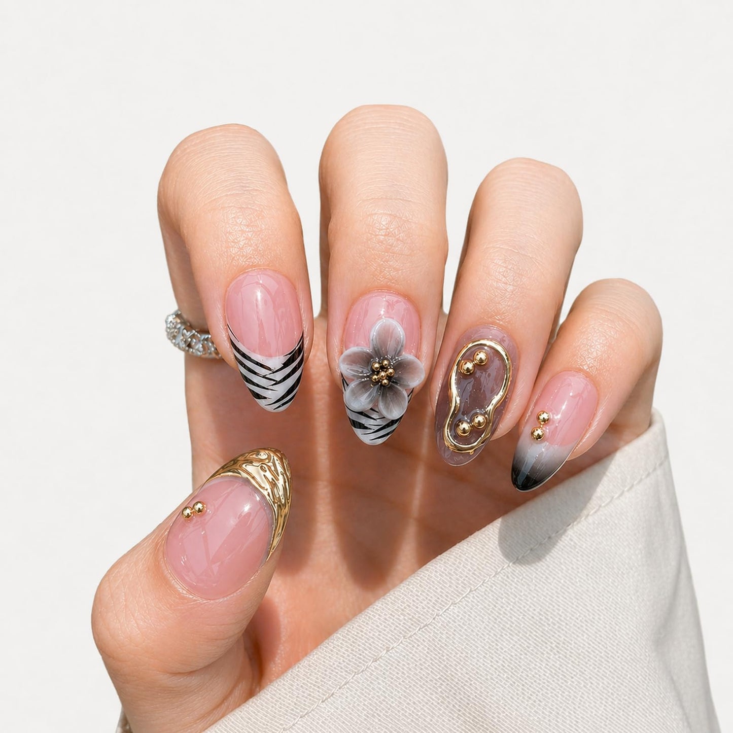 Threelegscat Handmade Short Almond Press on Nails, 10 PCS Fake Nails with 3D Flower & Gold Bead, Nude Pink French False Nails, Reusable Size M for Woman Daily& Gift