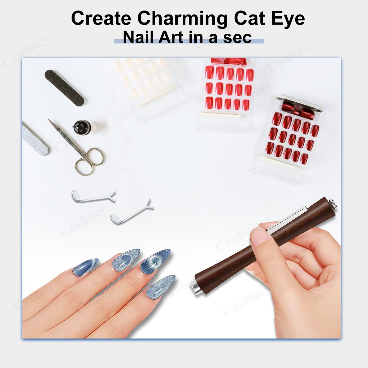 Caubuey 4 in 1 Cat Eye Nail Magnet Stick with Heart Shaped Tool, Multifunctional Magnetic Nail Pen for Gel Polish — 3D Cat Eye Magnet for DIY Nail Art, Manicure, Salon, Studio Use (Brown)