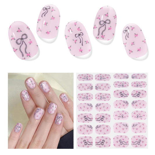 DUKASOU Semi Cured Gel Nail Strips,28 pcs Cute Bows Gel Nail Stickers with UV Light Required,Long Lasting Nail Art Stickers, Easy to Apply（Pink）