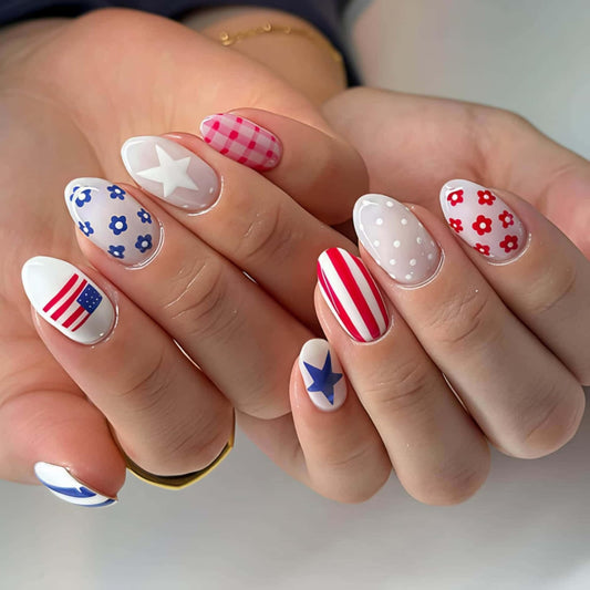 CLYHLTMZ Independence Day Press on Nails Short Almond Fake Nails 4th of July USA Day Glue on Nails Red White Stripes with Flowers Design Glossy Reusable Acrylic Stick on Nails for Women 24 Pcs
