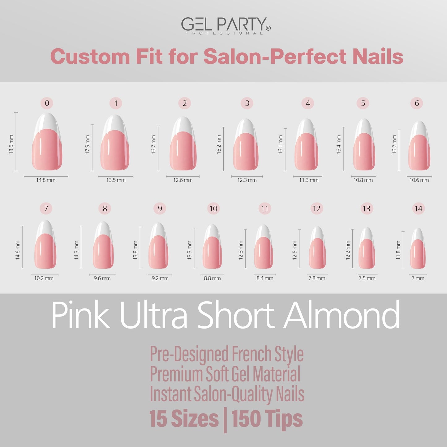 GELPARTY Rapid French Tip Press On Nails – 150Pcs, 15 Sizes | Pre-Shaped Soft Gel French Tips Pink Ultra Short Almond – Easy Salon Quality DIY