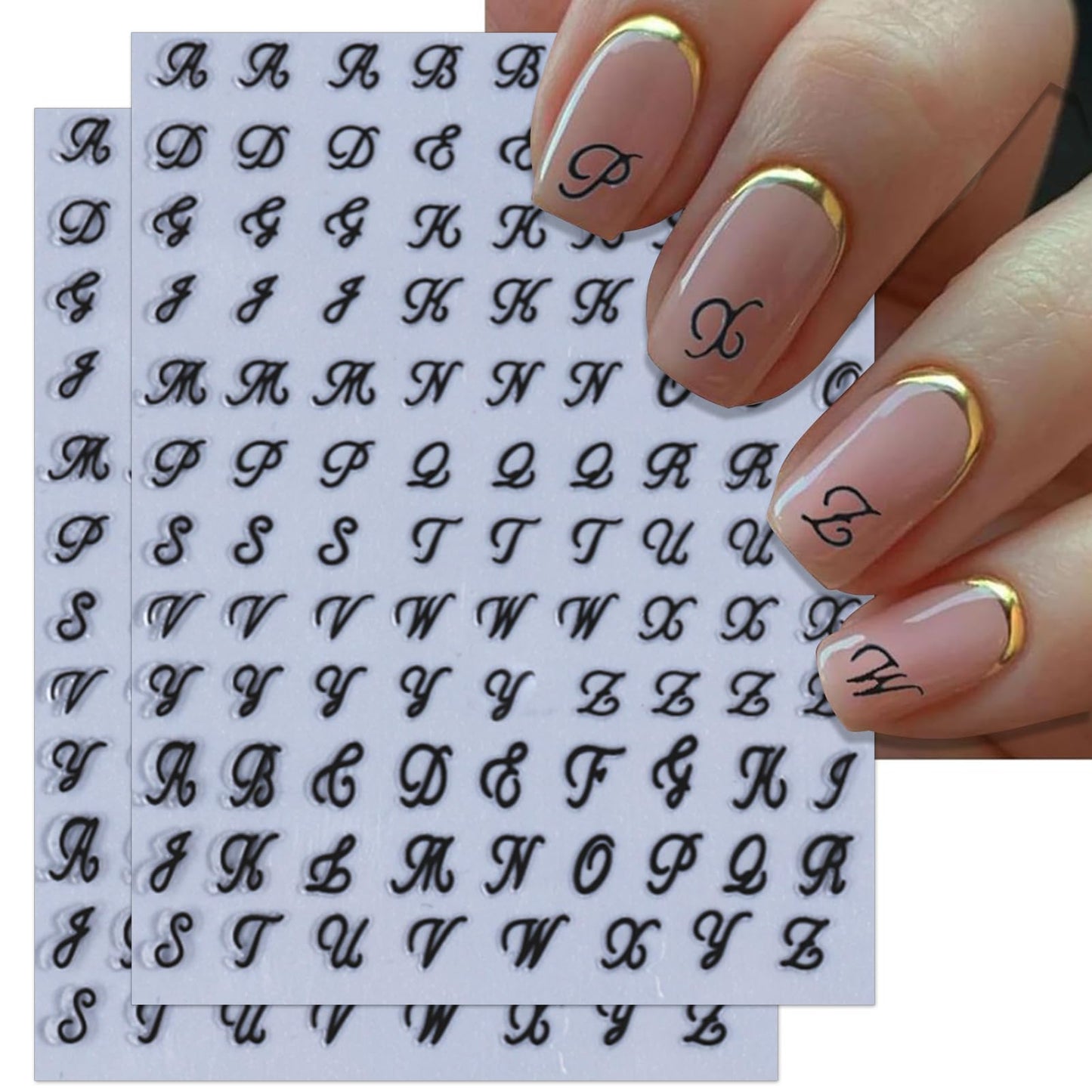 IDDFEVE 10 Sheets Letter Nail Art Stickers - 3D Handwritten Old English Alphabet Nail Decals for DIY Acrylic Manicure Nail Decorations
