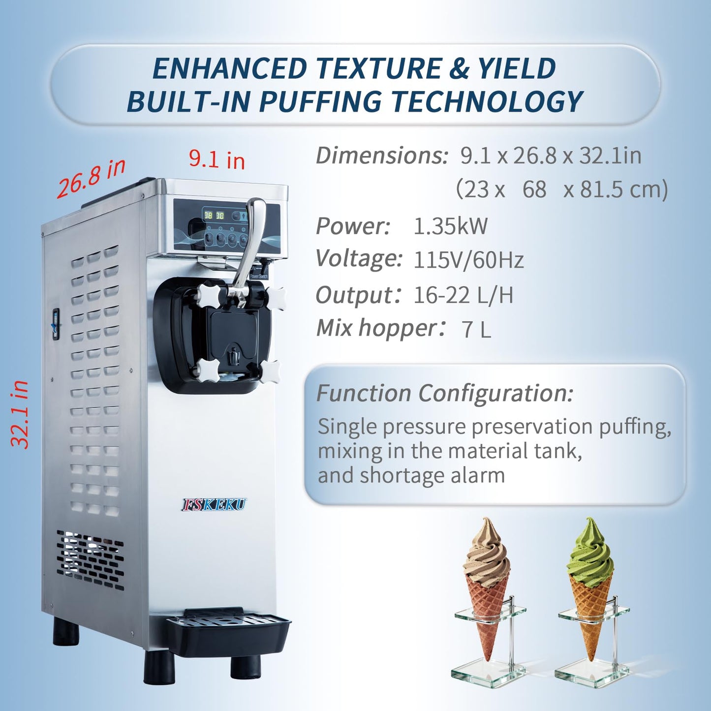 Commercial Ice Cream Machine, 1.35kW 16-22L/H Yield, Single Flavor Countertop Soft Serve Maker with 7L Hopper 1.7L Cylinder, Pre-cooling Puffing & Hopper Stirring, YKF-8116F