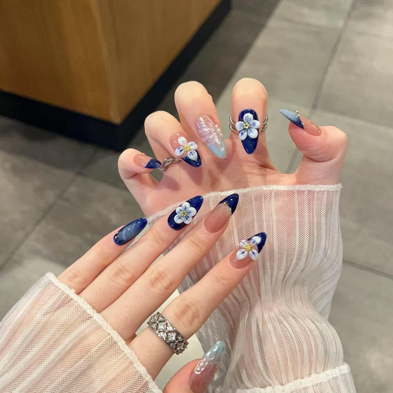 Handmade Press-On Nails – Medium Almond Thick Acrylic Gel Nails, Reusable 3D Flower False Nails, Gradient Blue French Tip Manicure – Salon-Quality DIY Nail Art(10PCS-S)