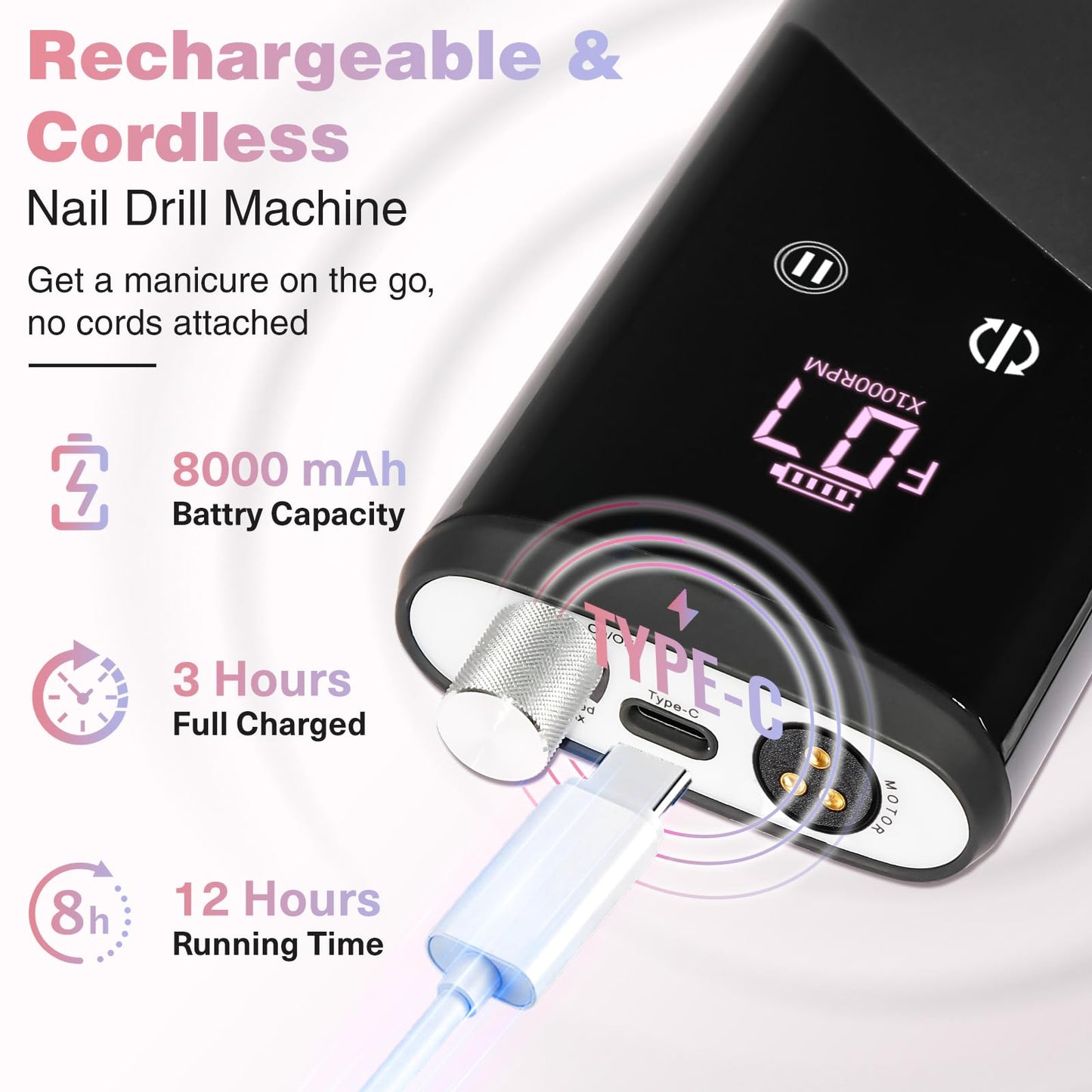 Electric Nail Drill Machine Professional, 40000 RPM Cordless Nail File with Silent Brushless Motor, Portable Rechargeable Nail Drill and Bits for Acrylic Gel Nails Polishing Removing