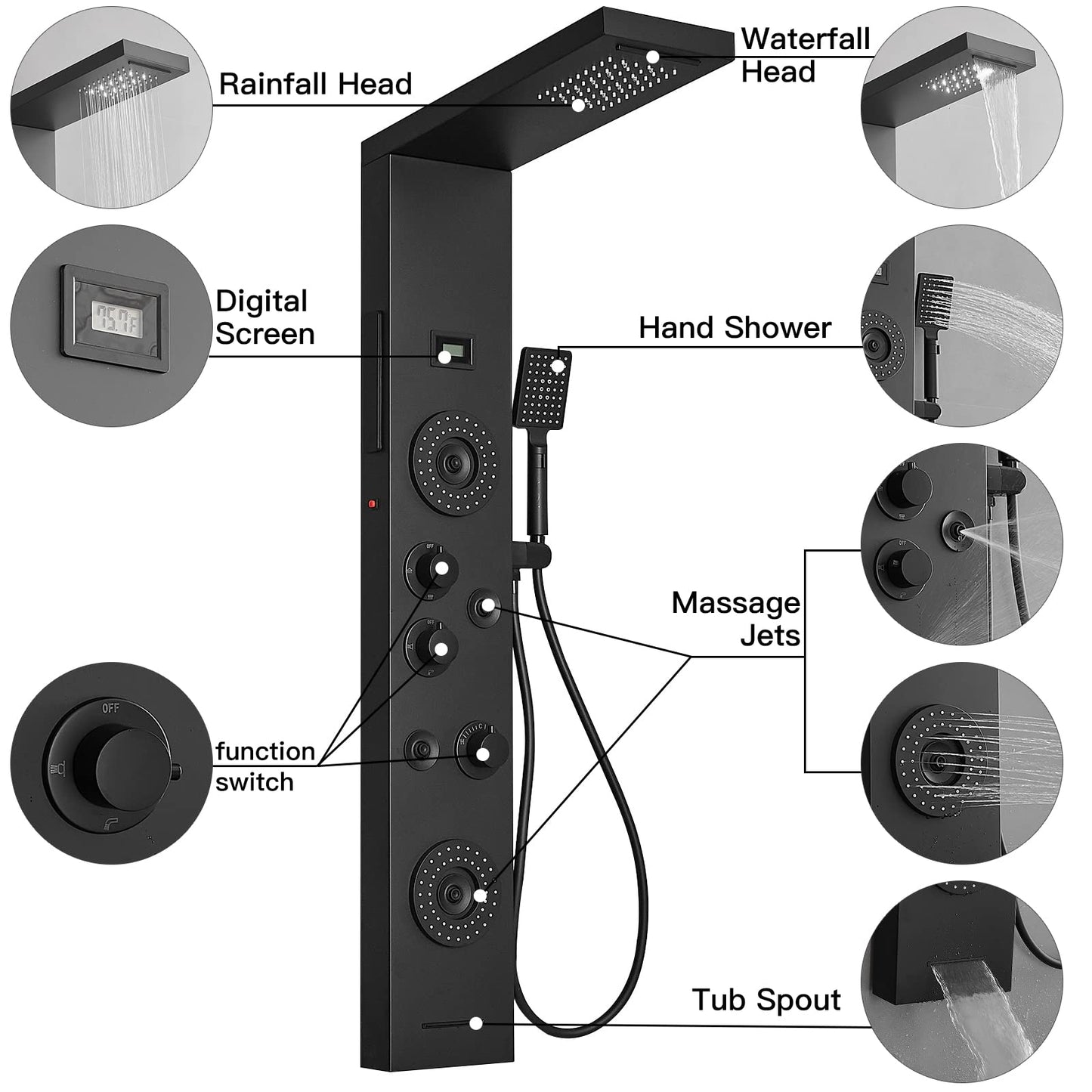 BWE Shower Panel with LED Rainfall Waterfall Shower 6-Function Faucet 4 Mist Jets 2 Body Sprays with Handheld and Waterfall Tub Spout Shower Tower System Matte Black
