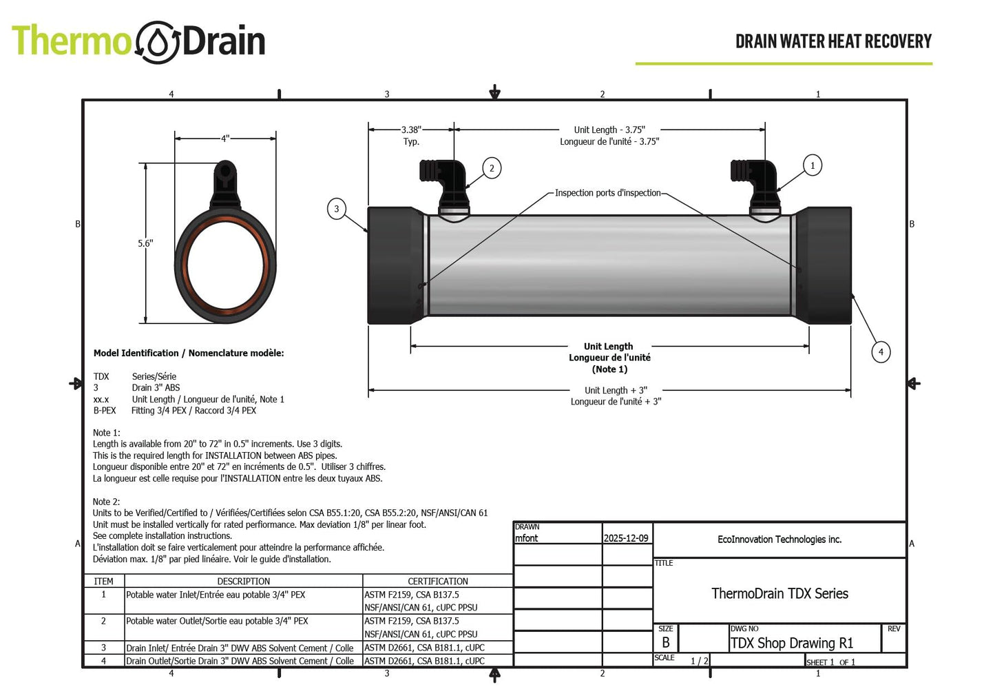 ThermoDrain TDX3240B-PEX Stainless Steel Compact Drain Water Heat Recovery System