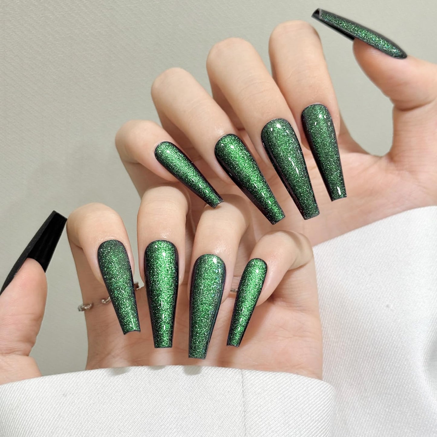 Dark Green Cat Eyes Press On Nails,12 Sizes - 24 Pcs Soft Gel Green Long Coffin Fake Nails Kit with Nail Glue, Natural Reusable Stick On False Nails for Women and Girls SK1042