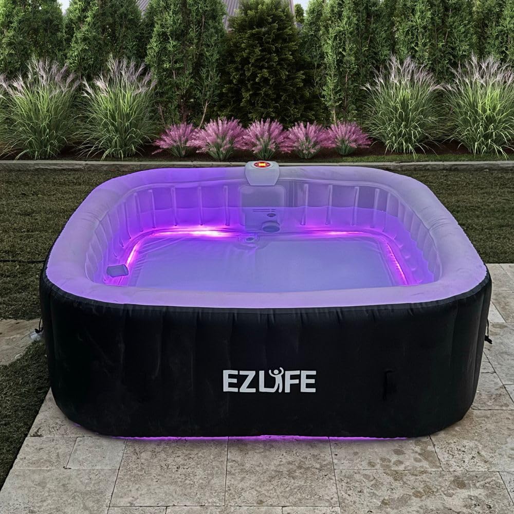 EZLIFE 6-Person Inflatable Square Hot Tub Spa with 130 Bubble Jets, LED Light Strip, 1350W Heater & Cover – Portable Outdoor Spa Pool for Adults (72"x72")
