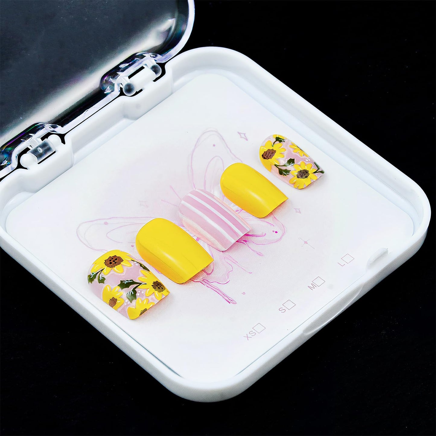 Yellow press-on nails short square false nails spring and summer sunflower yellow light white line full coverage glossy acrylic false nails ladies girls DIY nail art decoration