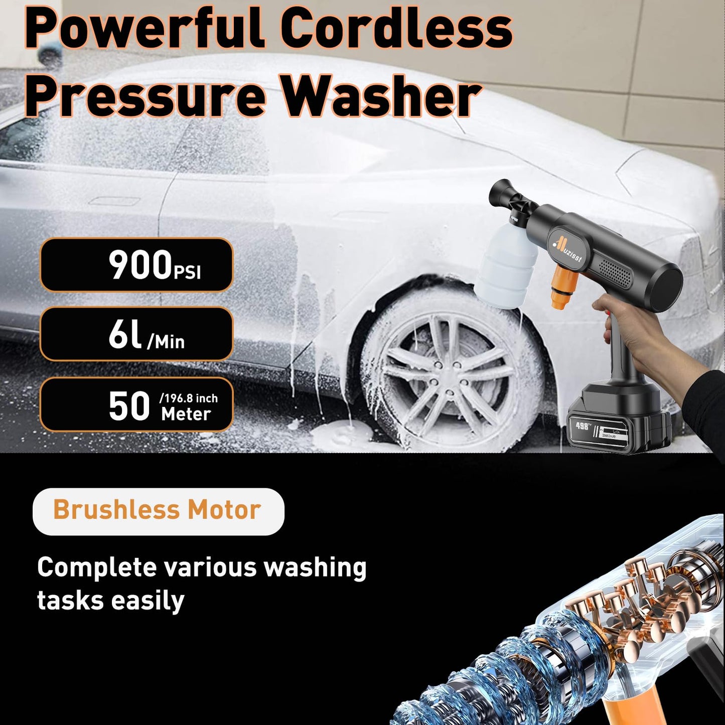 Muzisst Cordless Pressure Washer, 900PSI Portable Power Washer, hidrolavadora portatil, 3.0Ah Battery Powered Pressure Washer with 6-in-1 Nozzle, Handheld Pressure Car Washer for Car/Yard/Garden