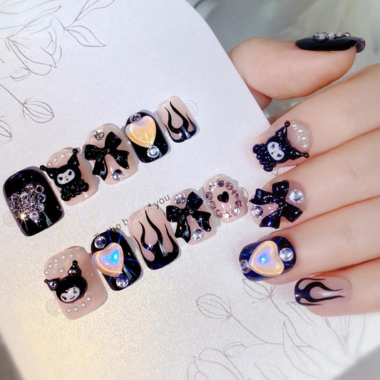 BABALAL Press on False Nails Short Square Fake Nails Black Goth Glue on Acrylic Anime Charm Cute Y2k Design Bow Heart Handmade Supplies 24Pcs Luxury Full Cover Kawaii Nails