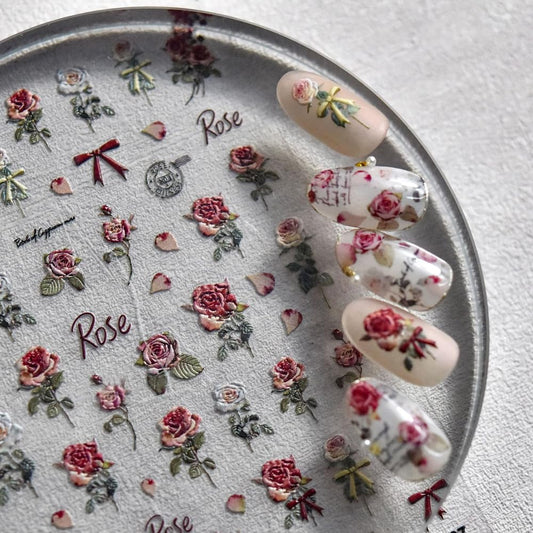 Retro Rose Nail Stickers 5D Embossed – Premium Salon-Quality Floral Nail Charm Accessories, Easy Application & Self-Adhesive Roses Red Flower Decal for DIY Manicure, Nail Art, Press on, Home or Salon