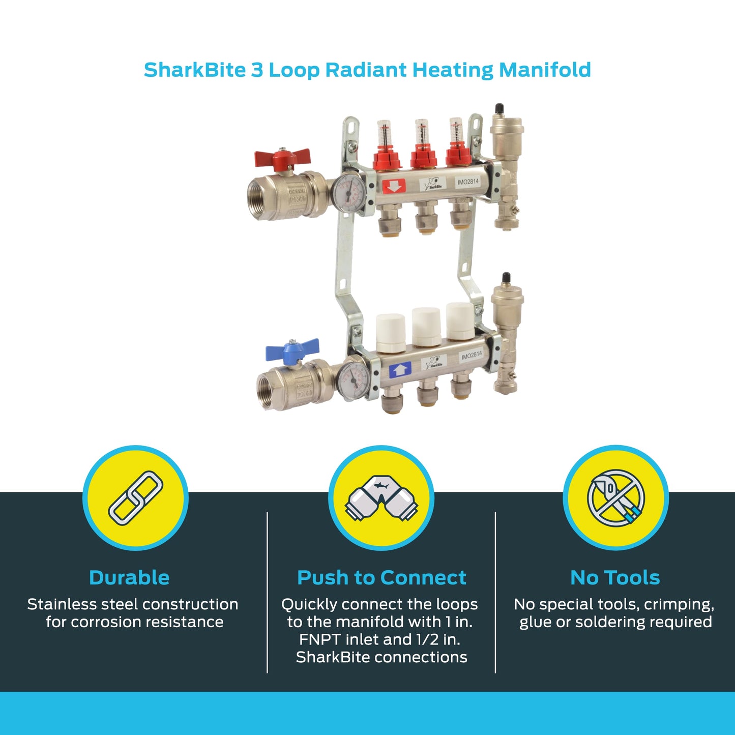 SharkBite 3 Loop Radiant Heating Manifold, Push to Connect Brass Plumbing Fitting, PEX Pipe, PE-RT, 24930
