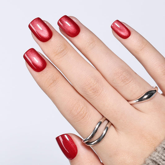 Red Cat Eye Press On Nails Square- Red Short Square Fake Nails, Cateye Press On Nails Reusable Stick On Nails in 15 Sizes, 30pcs False Nail Kit for Women & Girls (Ruby Night)