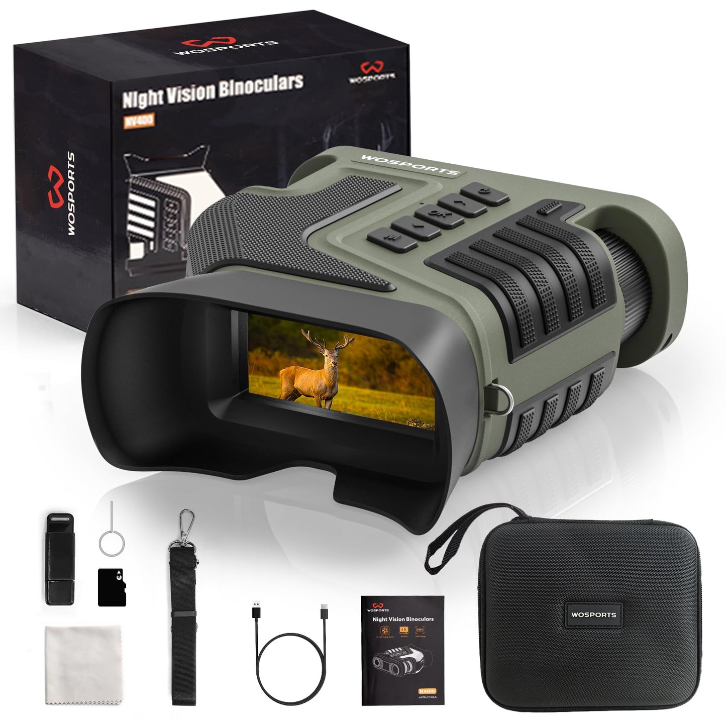 WOSPORTS 4K Night Vision Goggles, up to 80X Total Magnification 1315FT Infrared Night Vision, 64GB TF Card - Ideal for Camping & Outdoor Use