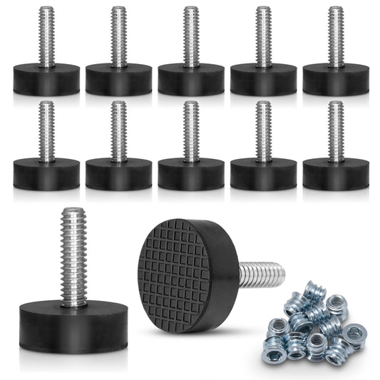 12 Pack All-Rubber 1/4"-20 UNC Leveling Feet with Inserts, Adjustable Levelers for Table Chair Stool Legs - 0.35" to 0.85" Height Range, Anti-Slip