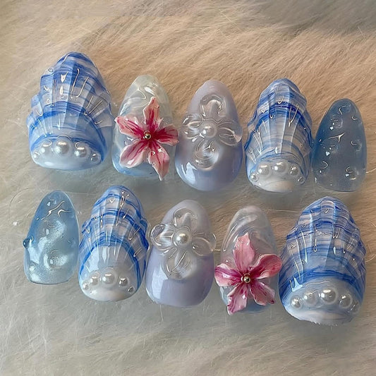 Blue Ocean Press on Nails, Medium Almond Handmade 3D Seashell Fake Nails with Pearl & Flower Designs, Reusable False Nails with Glue Tabs Stick on Nails for Summer Beach 30Pcs Nail Kit