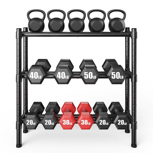 Petagoat Sturdy Dumbbell Rack for Home Gym Storage | Adjustable Tiered Weight Rack | 3-Tier Metal Black Powder-Coated | Ideal for Dumbbells, Kettlebells, and Medicine Balls Storage