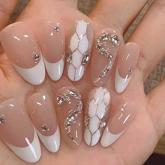 YKZFUI 24Pcs French Tip Press on Nails Medium Almond with 3D Crystal Rhinestones Design, White French Nails Press ons Cute Stick on Nails Little Snake Fashion Acrylic ABS DIY False Nails Set for Women