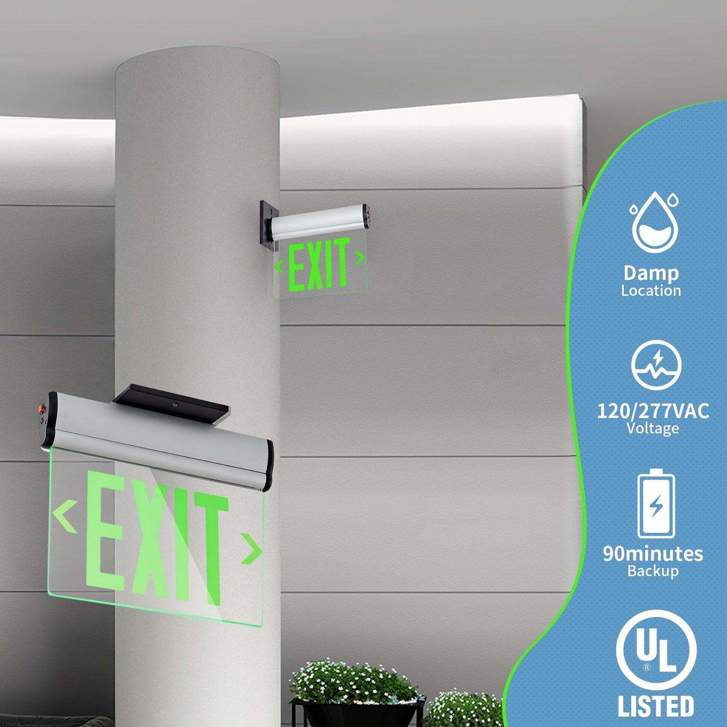 TANLUX Green Exit Signs for Business, LED Edge Lit Exit Sign, UL 924, Hardwired Emergency Exit Lights with Battery Backup, Aluminum Housing with Rotating Acrylic Clear Panel, AC 120/277V, 1 Pack