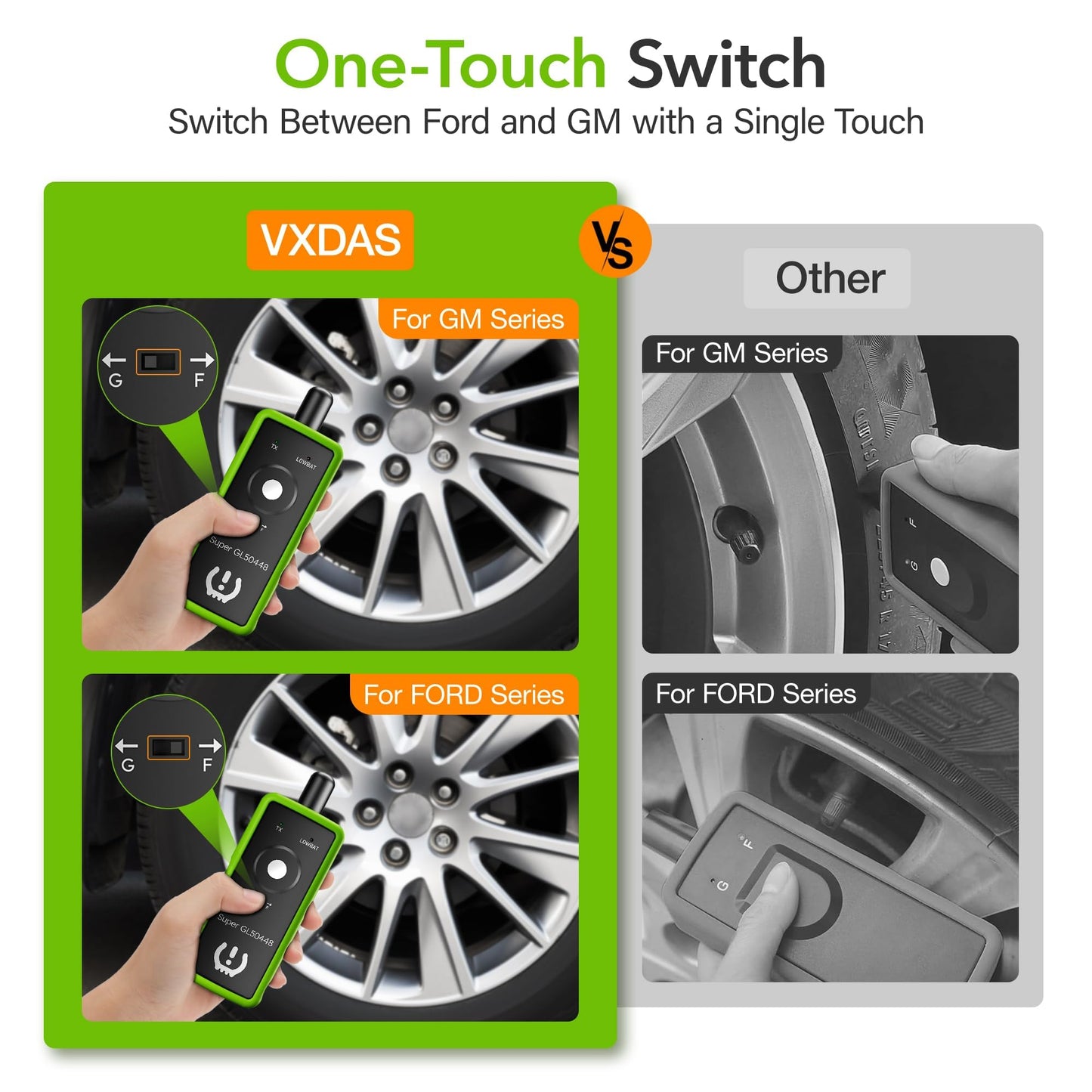 VXDAS 2IN1 TPMS Relearn Tool Super GL50448 for GM and Ford with Model Switch Button,Tire Pressure Sensor Monitor Rest Activation for Buick/Cadillac/Chevrolet/GMC/Lincoln/Mazda 2024 Edition(Green)