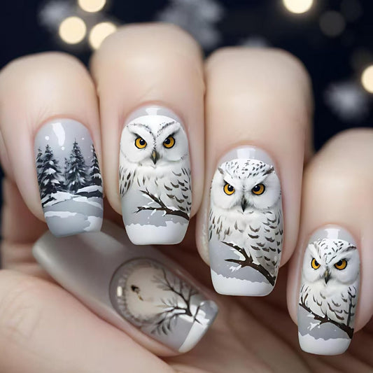 Christmas Press on Nails Medium Square Branch Winter Fake Nails White with Designs Owls Snowflake Full Cover Glossy Glue on Nails Xmas Acrylic Nails for Women Girls 24 Pcs