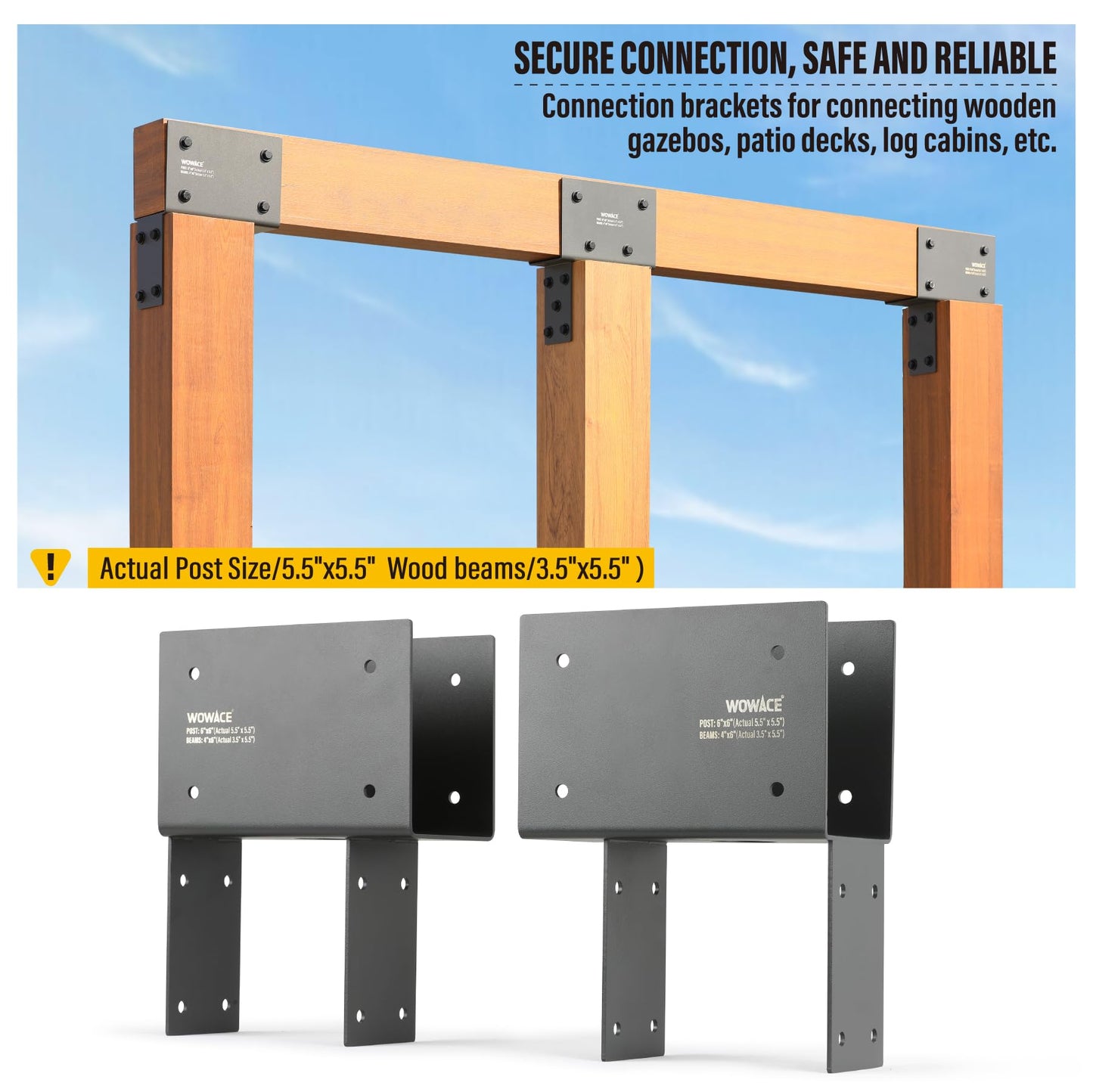 WOWACE 2 Pack 4x6 (Actual 3.5"x5.5") Heavy Duty Stainless Steel Pergola Brackets - End Post to Beam Connector for Gazebos, Patio Decks, Porches - Wood Post Cap Tie Bracket (Dark Gray)