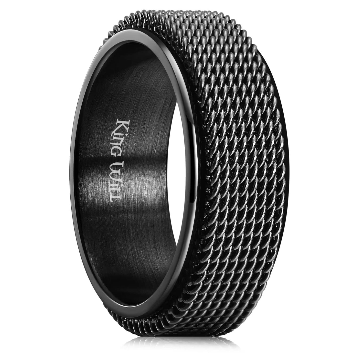 King Will Black 8mm Stainless Steel Chain Mesh Simple Plain Spinner Anxiety Ring for Women Men Wedding Band Ring Fidget Ring Mesh Chain Woven Mesh 7