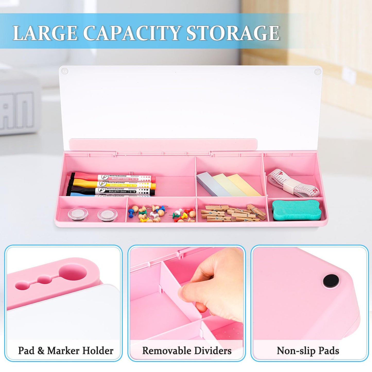 DOLLAR BOSS Glass Desk Whiteboard Small Dry Erase Board Desktop White Board with Storage Drawer Computer Keyboard Stand Desk Organizer Office Accessories School Supplies with 4 Markers 1 Eraser, Pink