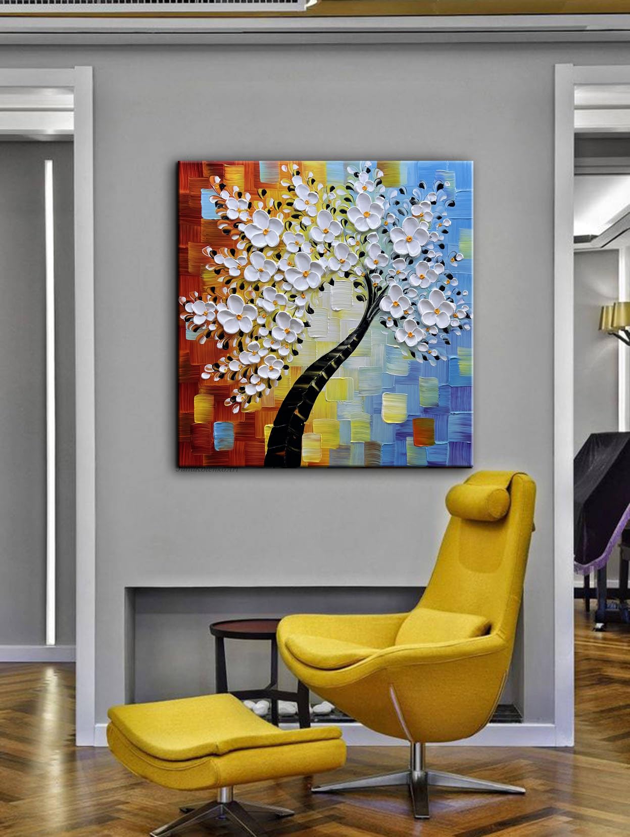 YaSheng Art - 24x24inch Wall Art,Hand Painted oil painting, Modern Abstract Floral Oil Painting, Dining Room Wall Decor, Bedroom Wall Decor, 3D Textured Framed White Floral Paintings, Modern Home Office Wall Decor