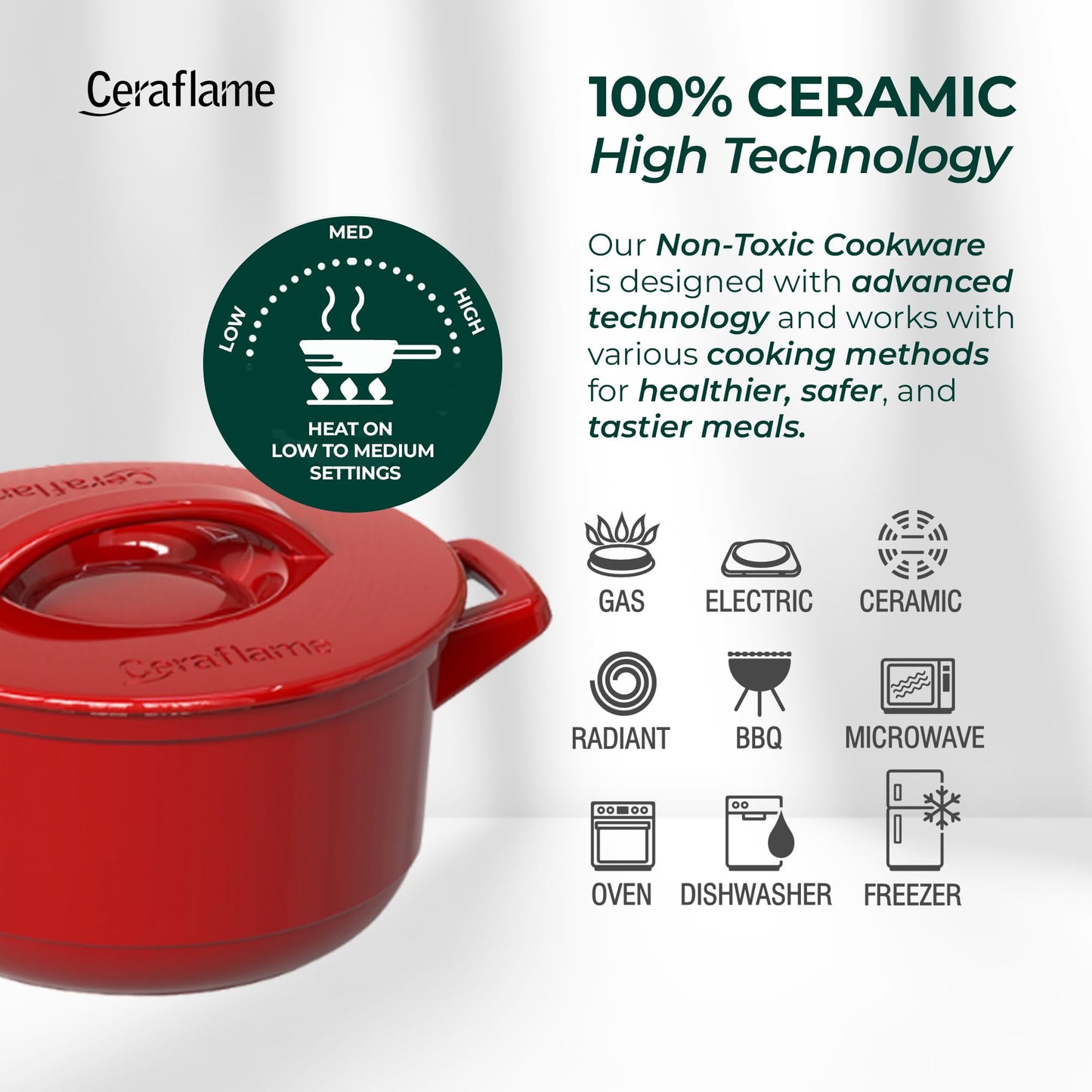 Pure Ceramic, Healthy, Non Toxic Cookware Set - Oven Safe Up to 1200F, Microwave and Dishwasher Safe, Longlasting and Lightweight - PFAS, PTFE, PFOA, PFOS - Tomato Red
