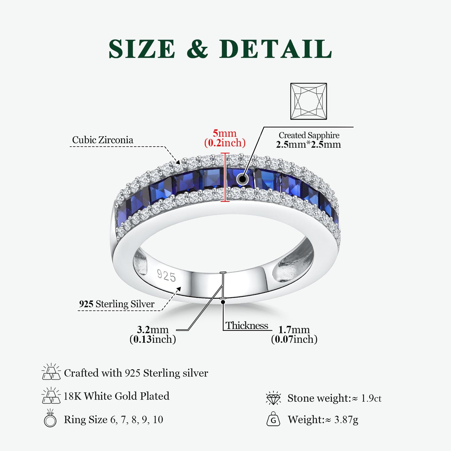 RANDES 925 Sterling Silver Eternity Band Rings for Women Blue Sapphire Wedding Band Channel Set Ring Size 10.5