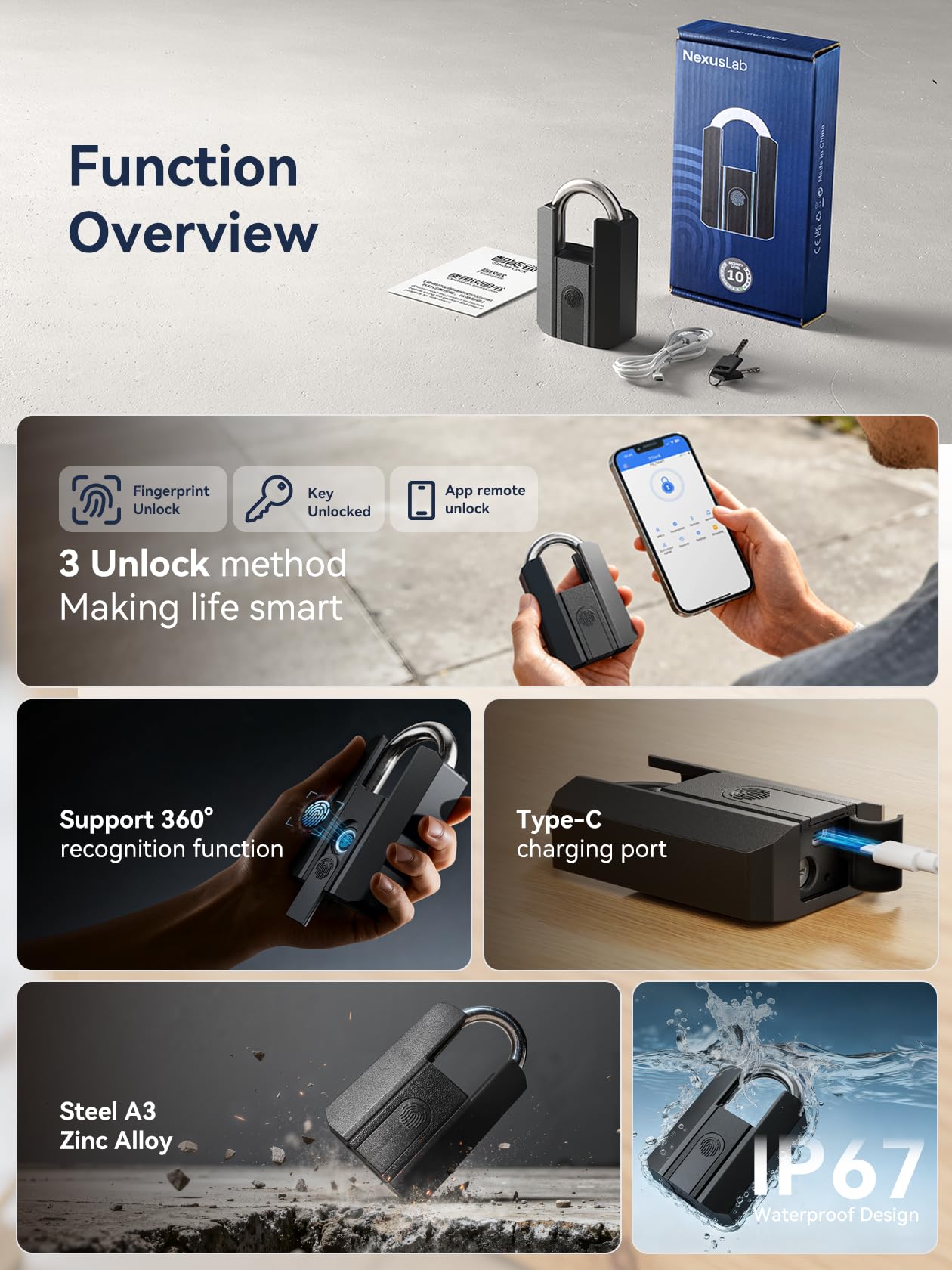 NexusLab Heavy Duty Smart Fingerprint Padlock with Key, IP67 Waterproof Bluetooth Outdoor Gate Lock, Anti-Theft App Control & Log Record, High Security Gym, Fence, Shed, Pool & Storage Unit Locks